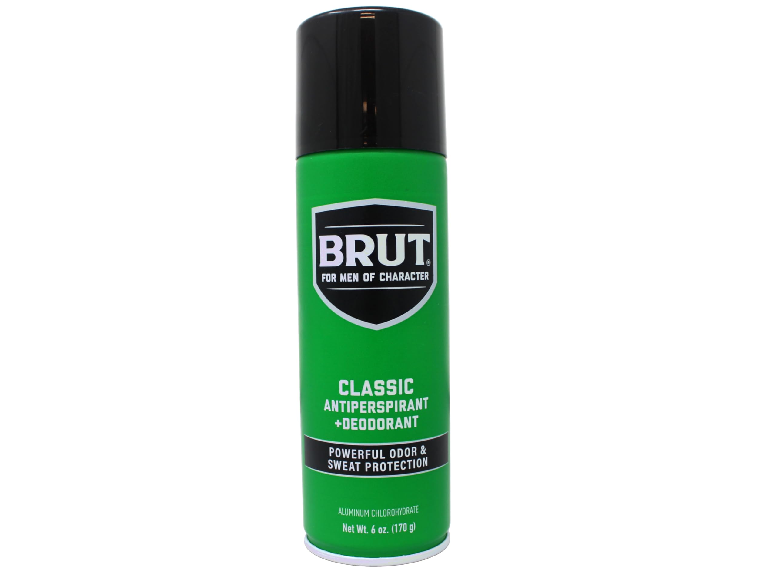 Brut 6oz aerosol in classic scent shown in a 6-pack for value.