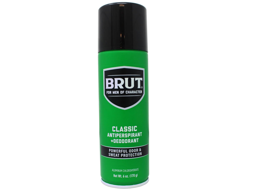 Brut 6oz aerosol in classic scent shown in a 6-pack for value.