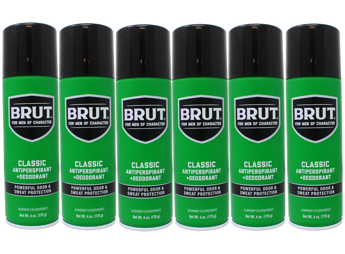 Brut deodorant aerosol can in classic scent provides all-day protection.