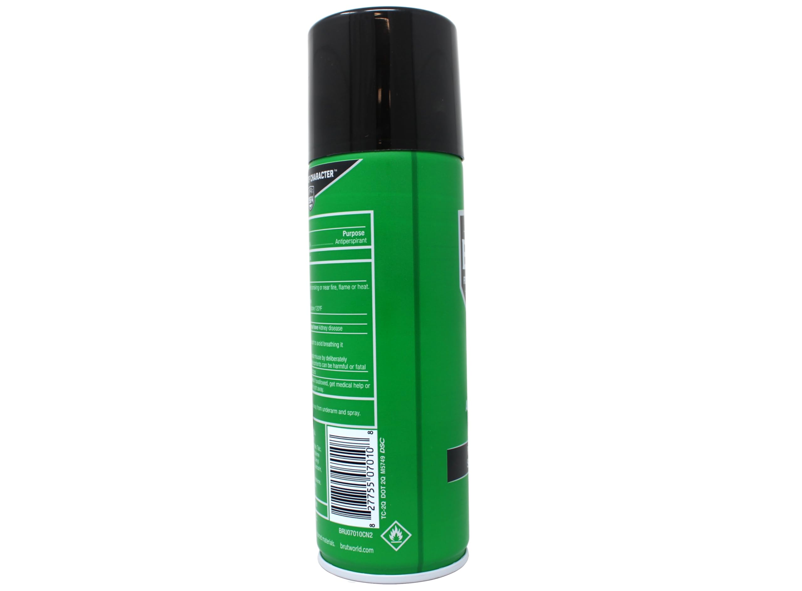 Close-up of Brut aerosol application delivering quick-drying freshness.