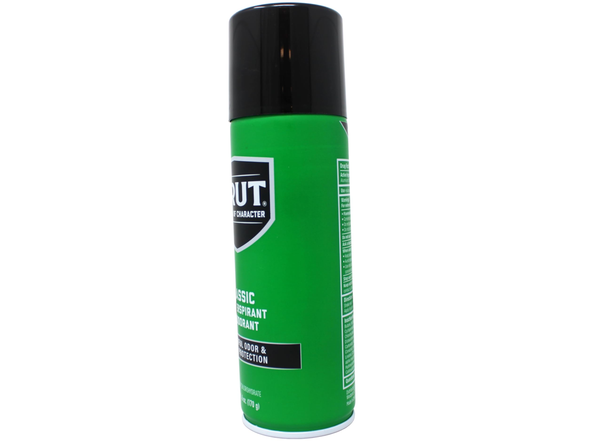 Brut brand logo on aerosol can emphasizes trusted protection and classic scent.
