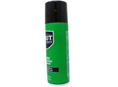 Brut brand logo on aerosol can emphasizes trusted protection and classic scent.