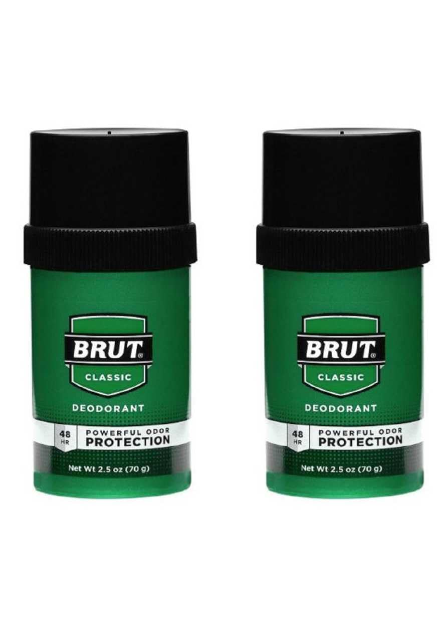 Brut deodorant round solid 2-pack front view shows classic design and daily protection.