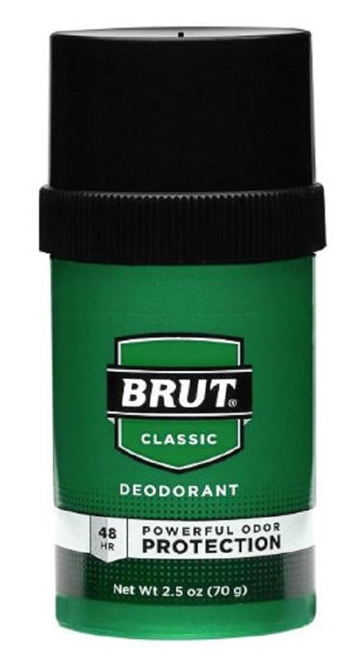 Brut deodorant round solid 2-pack side angle emphasizes compact, mess-free stick.