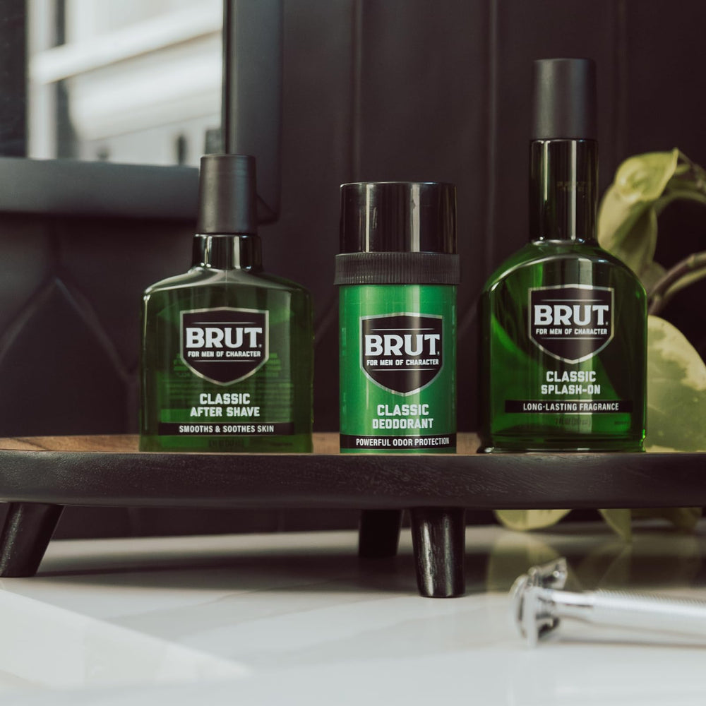 BRUT original deodorant stick close-up shows classic fragrance notes for all-day wear.