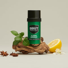 BRUT original deodorant stick held in hand for smooth application.