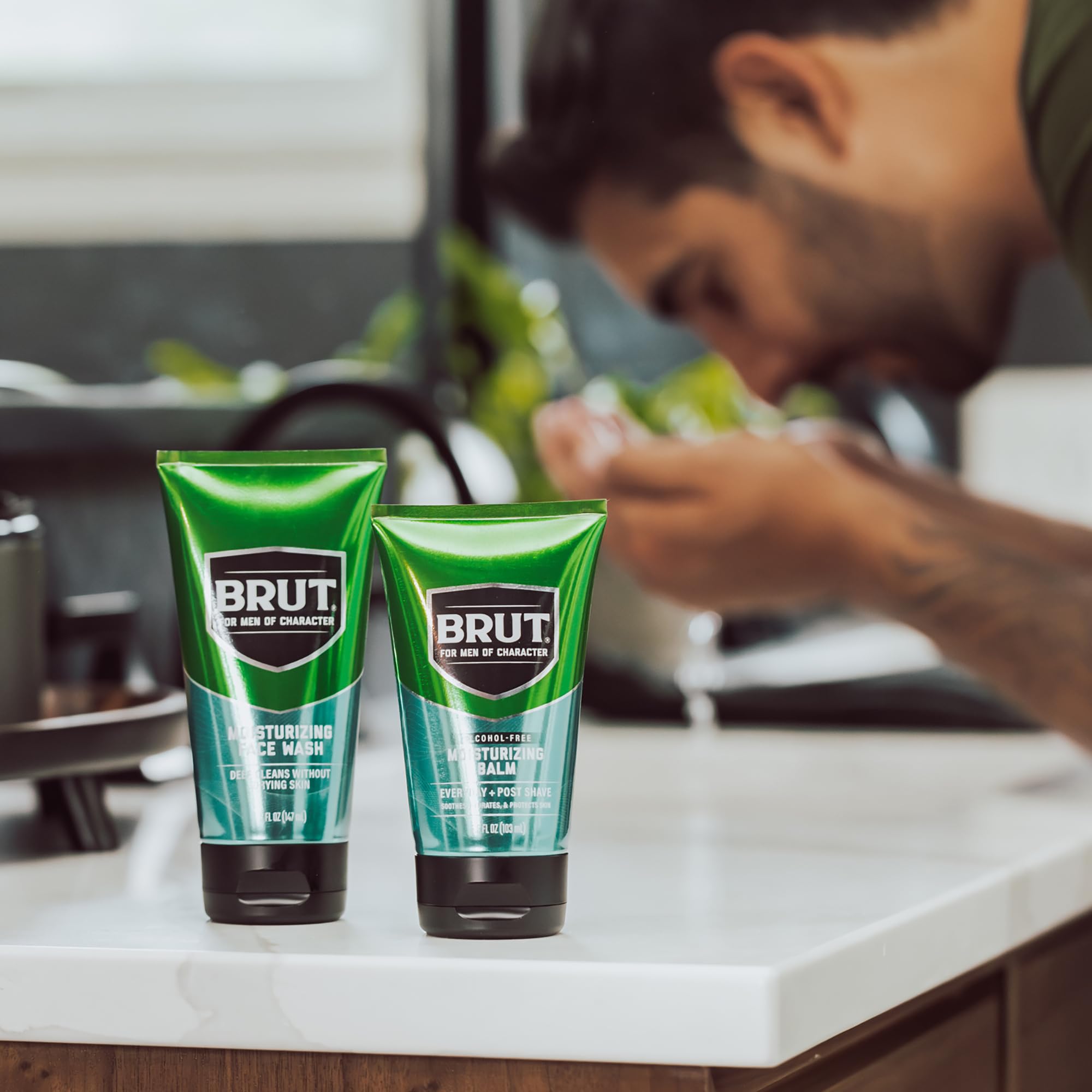 Brut aftershave routine image shows post-shave calm and comfortable skin