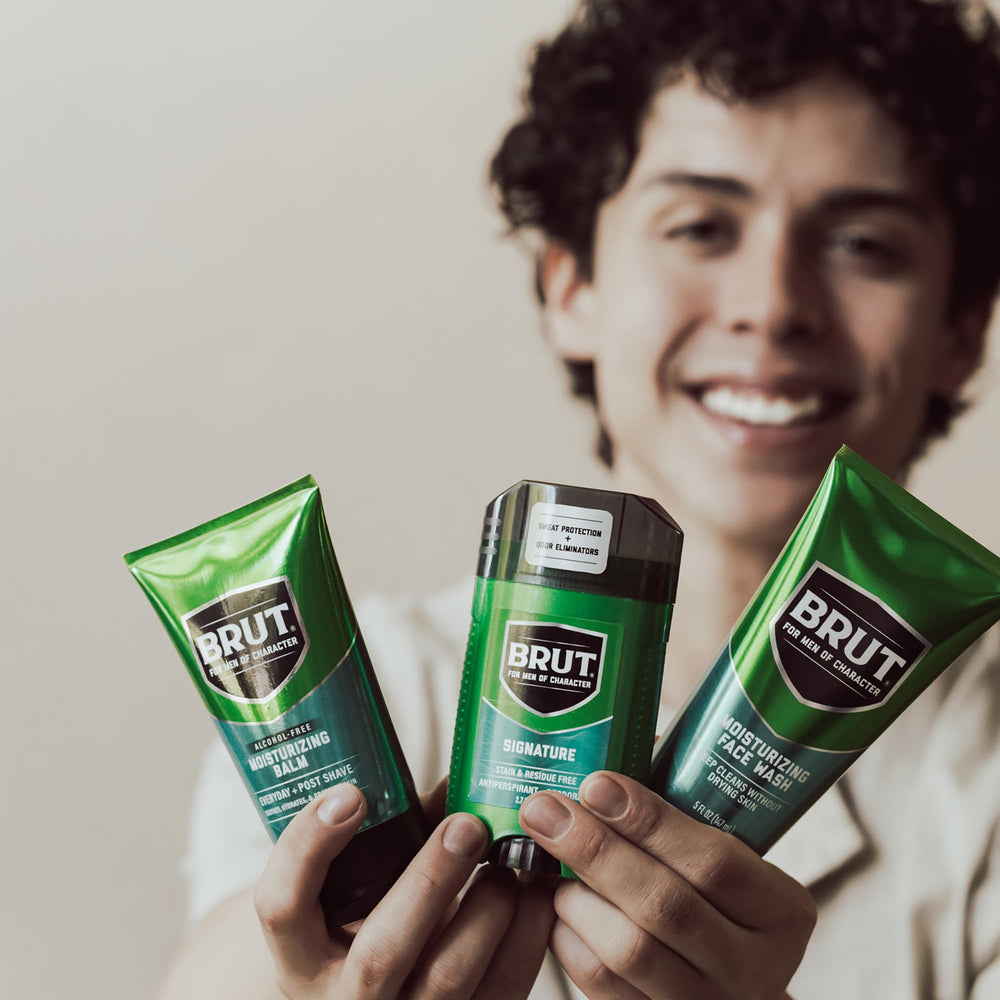 Brut Moisturizing Balm used as daily face moisturizer for a balanced, non-oily feel