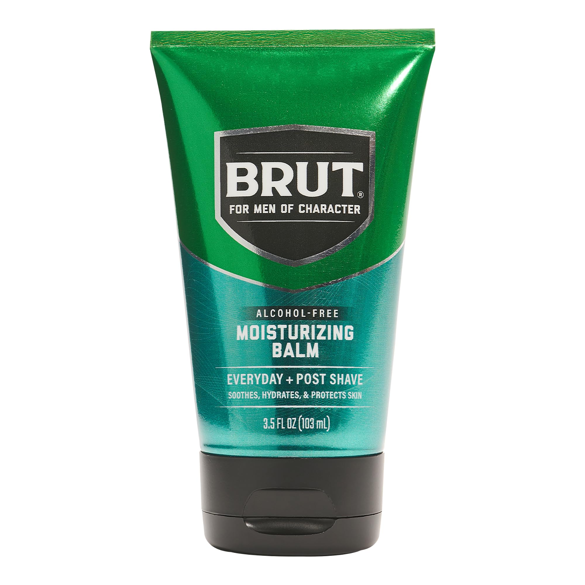 Brut Moisturizing Balm front jar shows the bottle for daily hydration