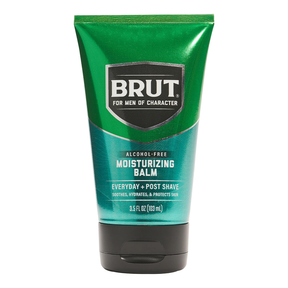 Brut Moisturizing Balm front jar shows the bottle for daily hydration