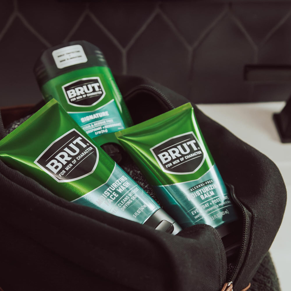Brut grooming ritual shot captures confidence-boosting fragrance during morning routine