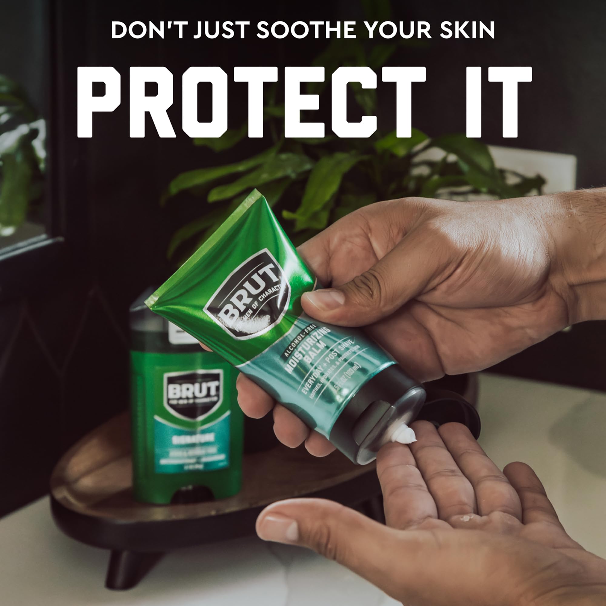 Brut Signature scent bottle emphasizes woody-citrus notes for a refreshing after-shave aroma