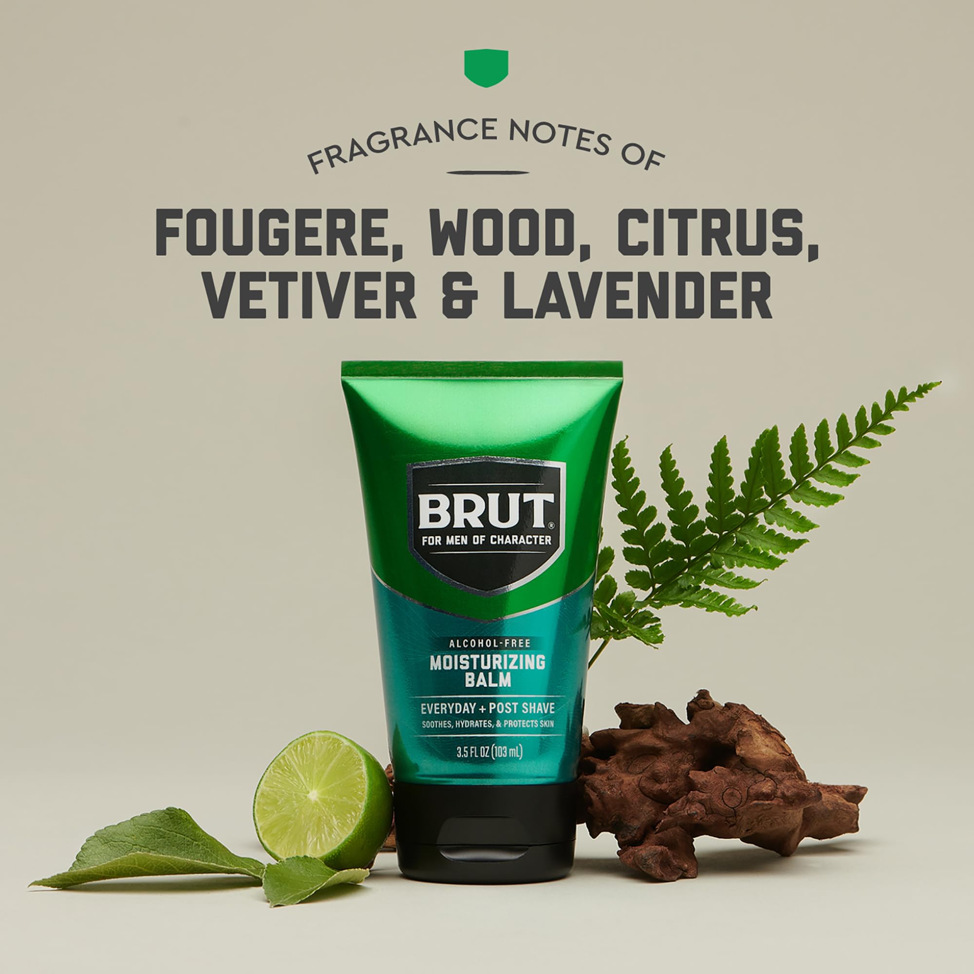 Brut Moisturizing Balm texture closeup highlights a smooth, grease-free finish for post-shave skin
