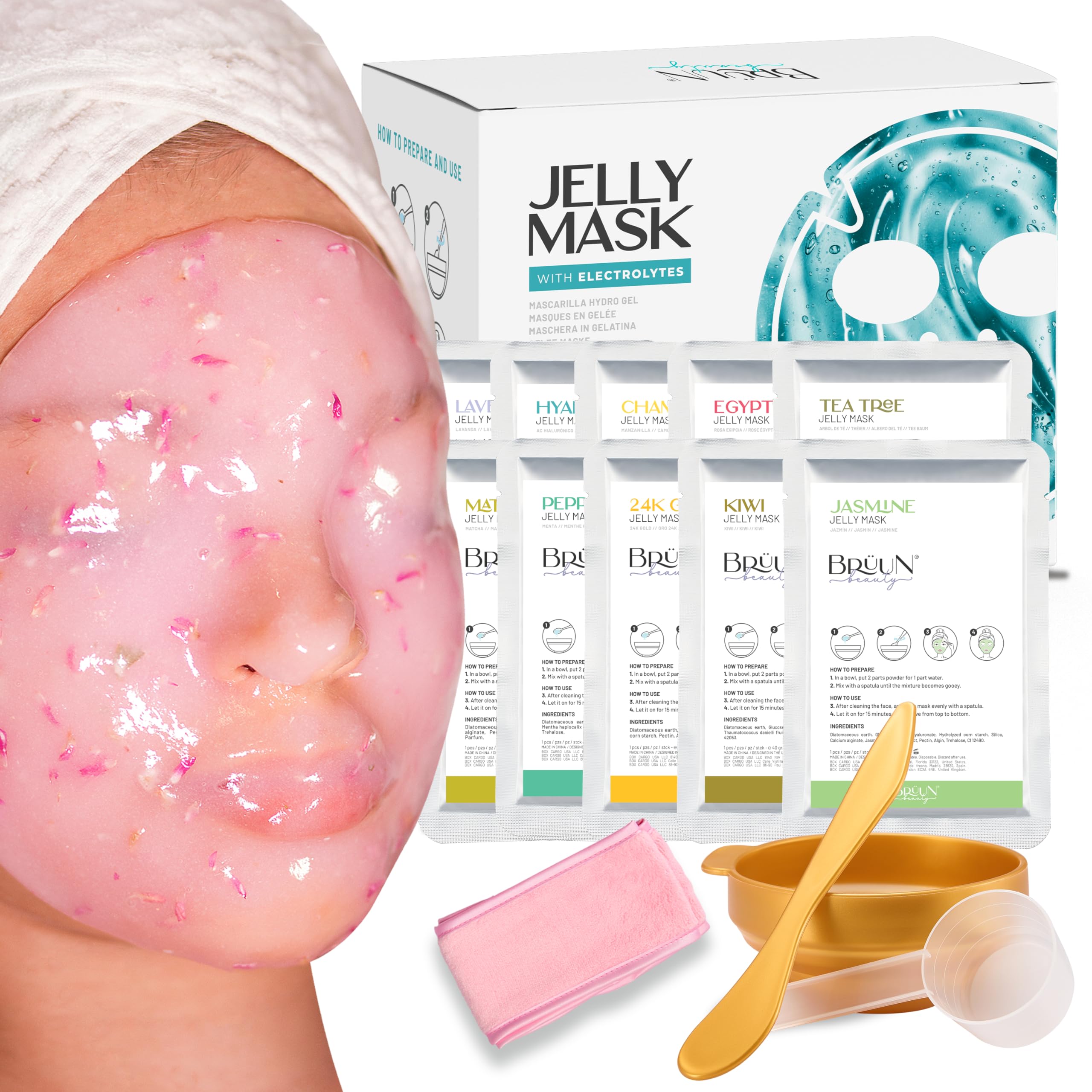 BRÜUN Peel-Off Jelly Mask kit packaging signals premium at-home spa treatment.