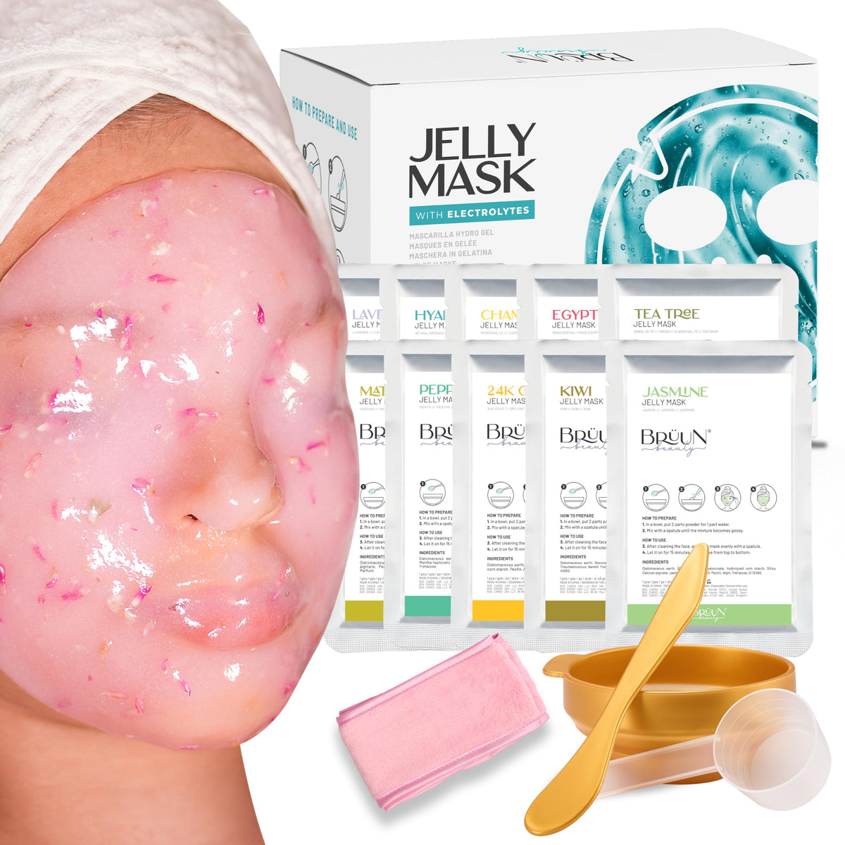 BRÜUN Peel-Off Jelly Mask kit packaging signals premium at-home spa treatment.