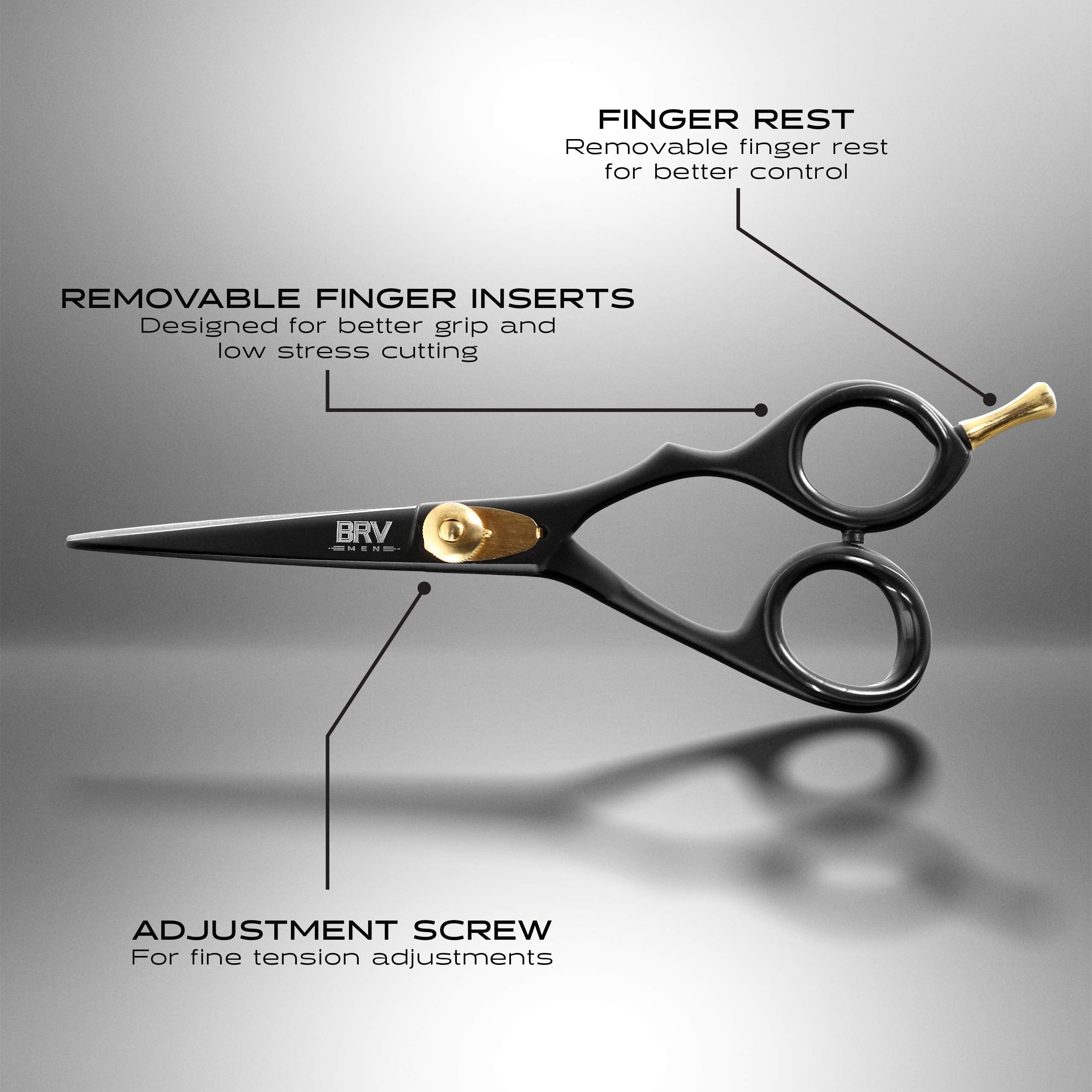 BRV MEN black finish beard scissors closeup shows premium design