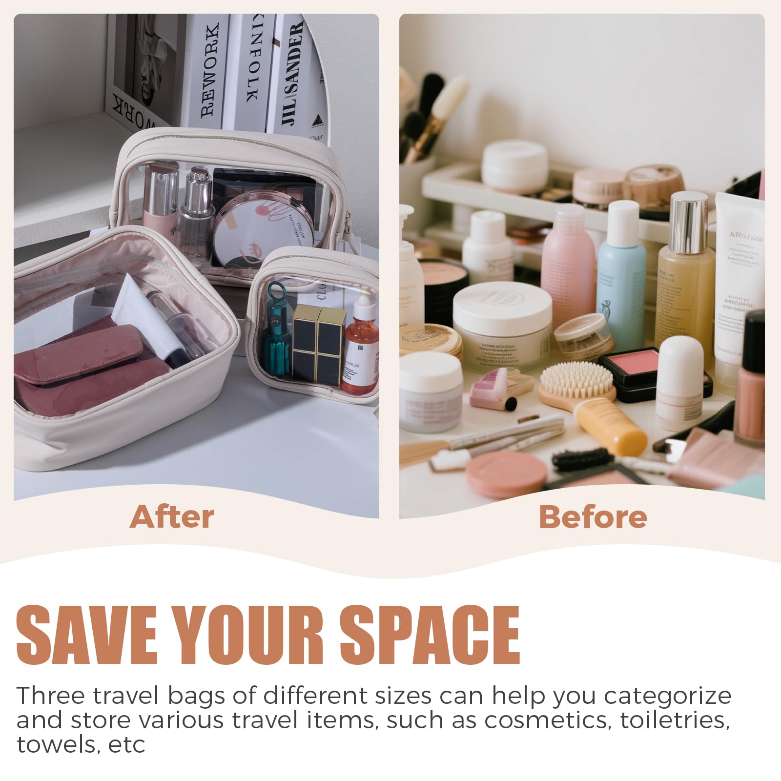 BS-MALL makeup-organizer bag keeps brushes and eye shadow neatly separated.