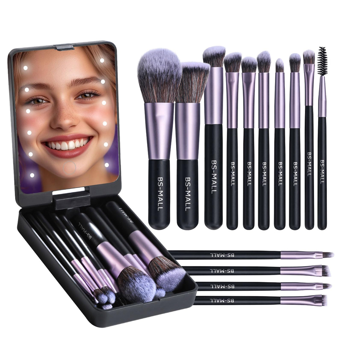 BS-MALL travel brush set with LED mirror in purple case for on-the-go makeup