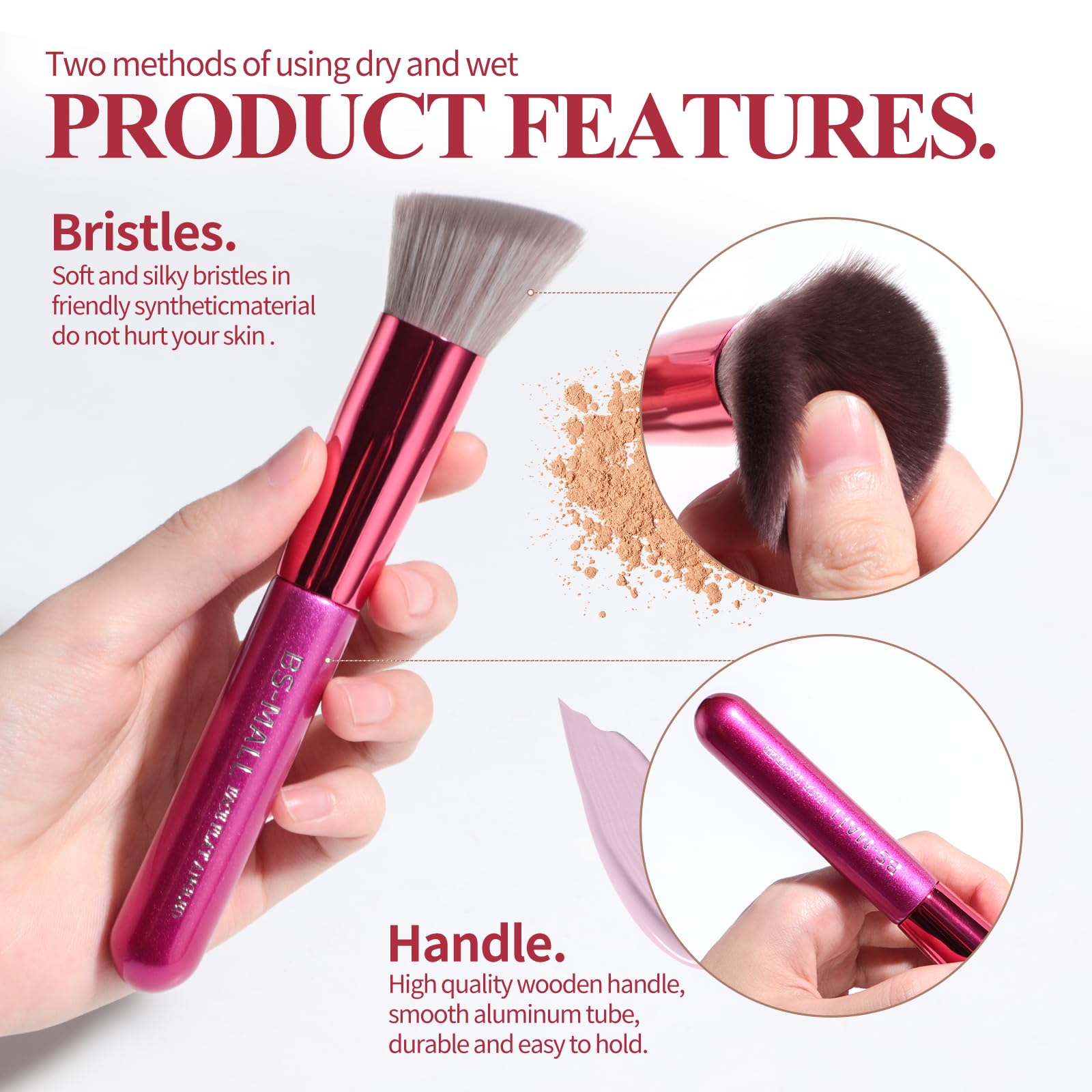 BS-MALL vegan cruelty-free bristles deliver soft, dense application for smooth powder pickup.