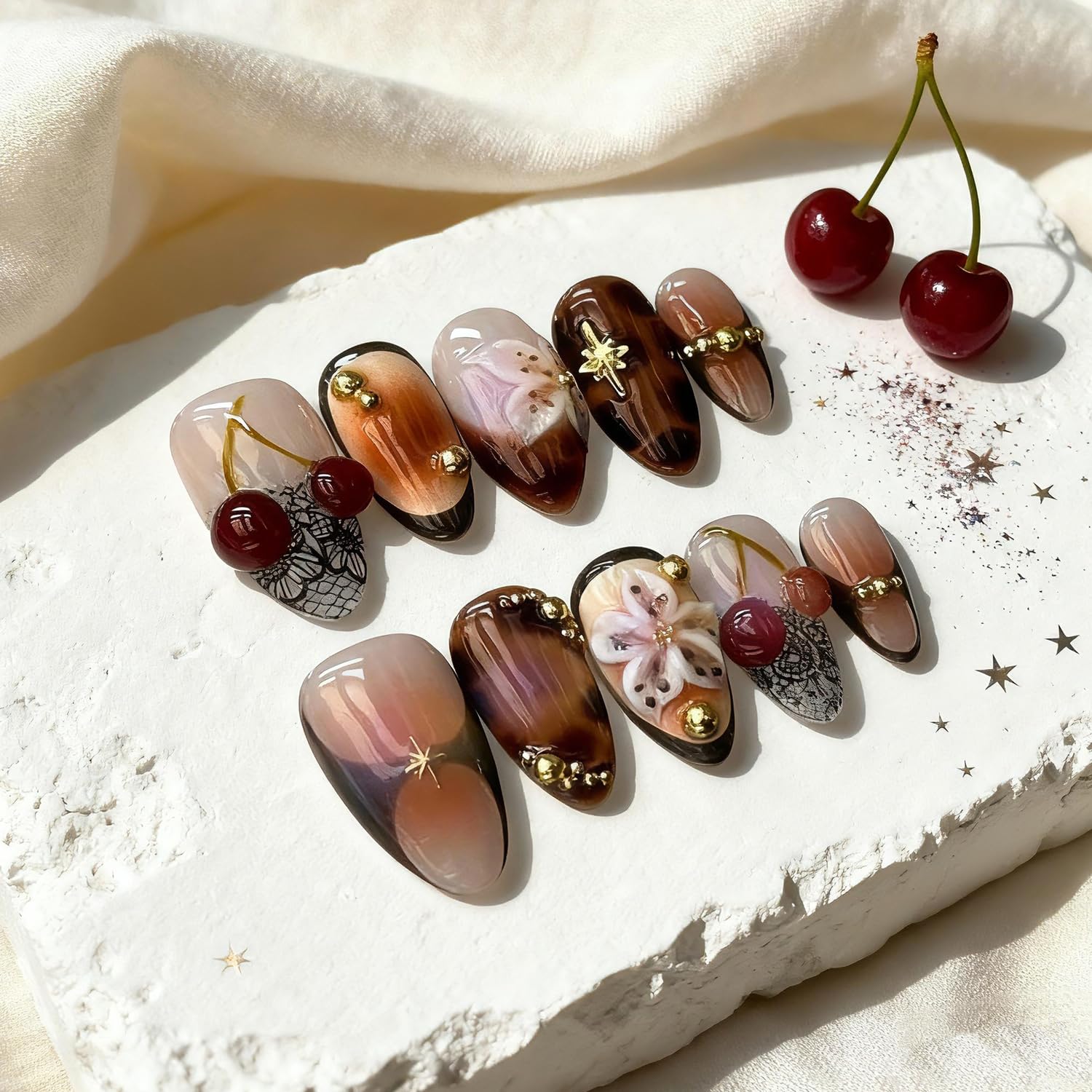 BSBTBZ cute cherry nail art on full cover nails adds playful flair.