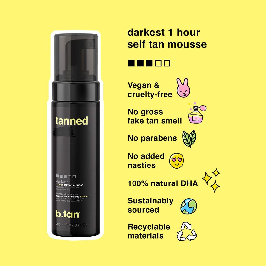 B.TAN 1-hour sunless Tanner delivers quick, even color development.