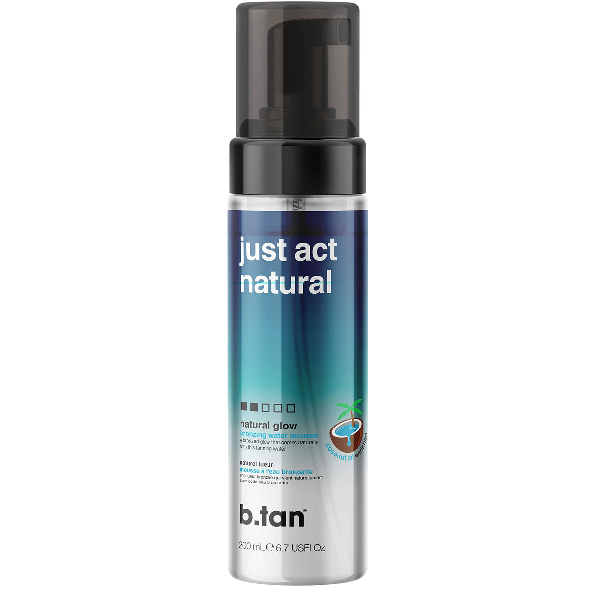 BTAN Clear Self Tanner Foam bottle showing transfer-free bronzing on skin