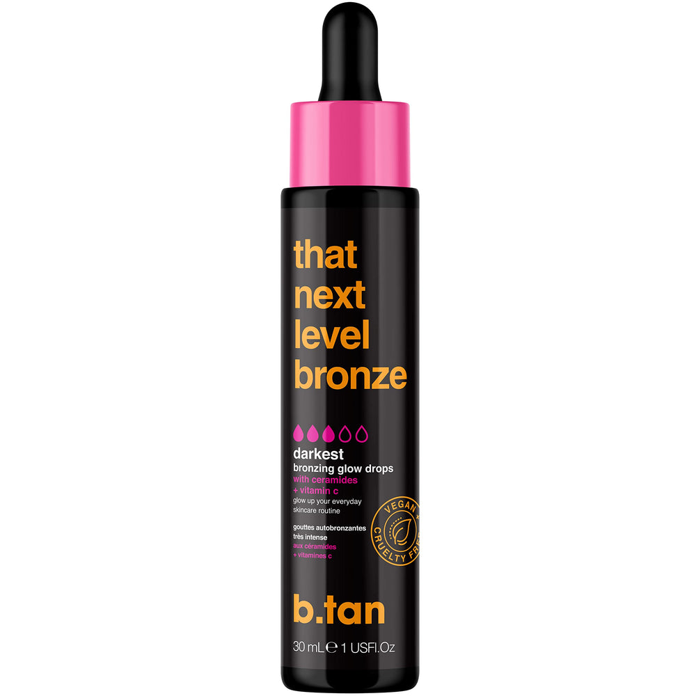 B.TAN Dark Self Tan Drops bottle, showing customizable bronze glow