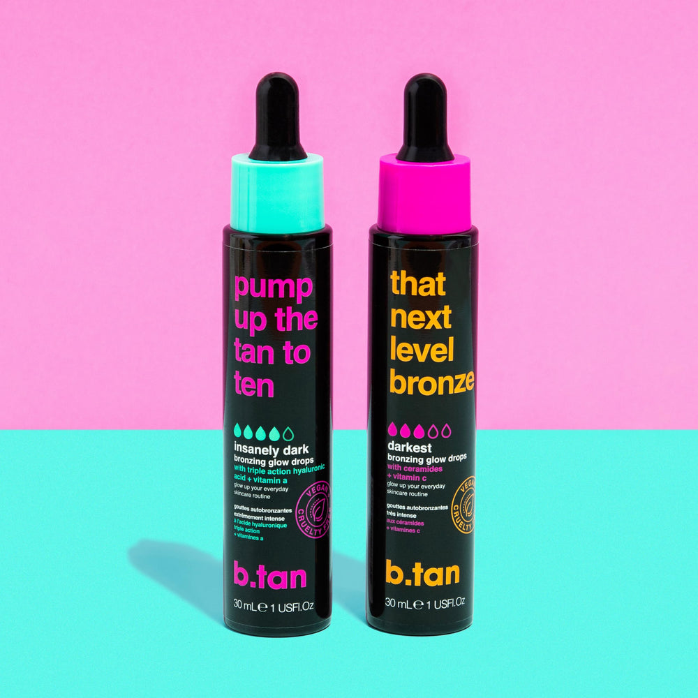 B.TAN vegan cruelty-free symbol beside Dark Self Tan Drops packaging