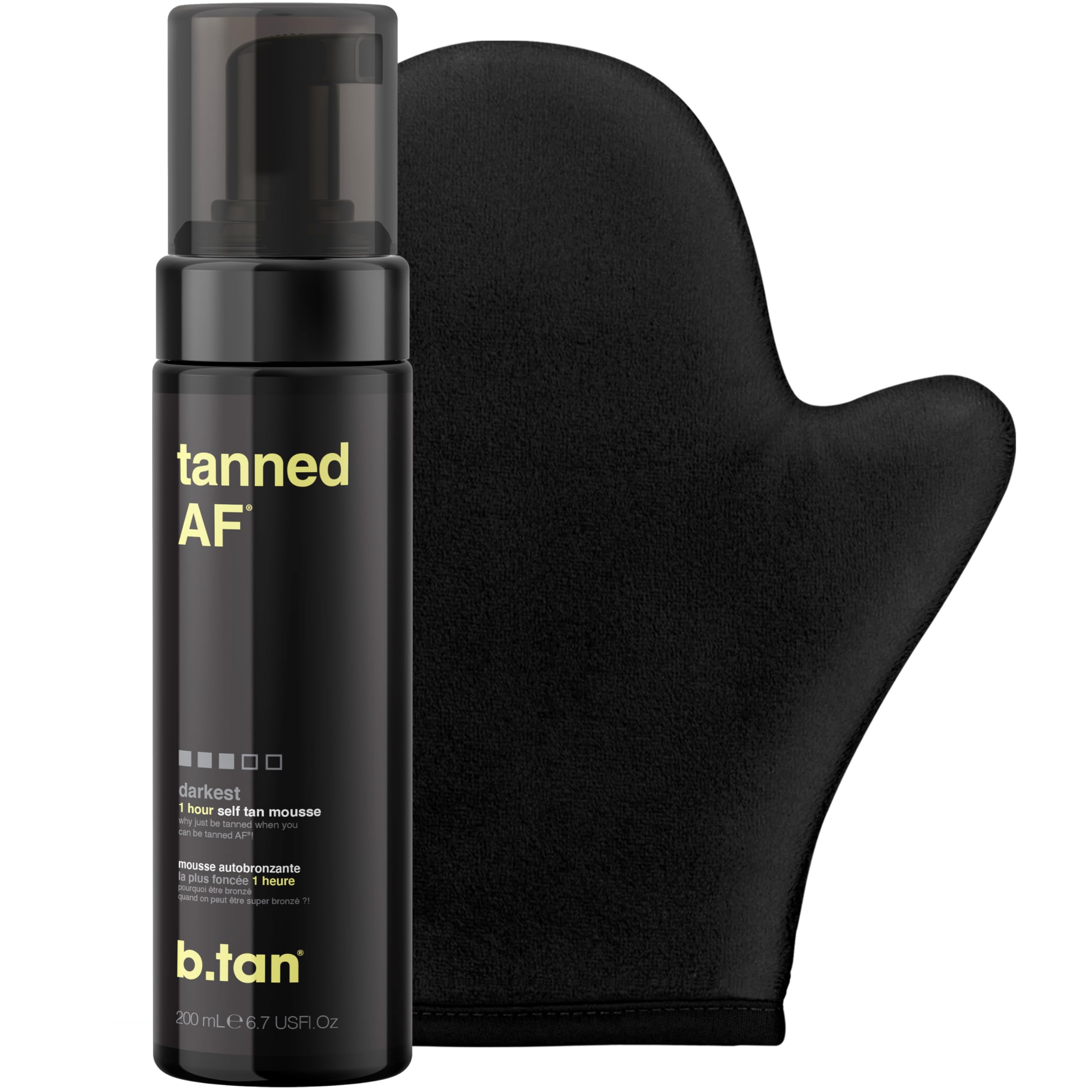 B.TAN dark self-tanner kit with mitt included for ultra-smooth application.