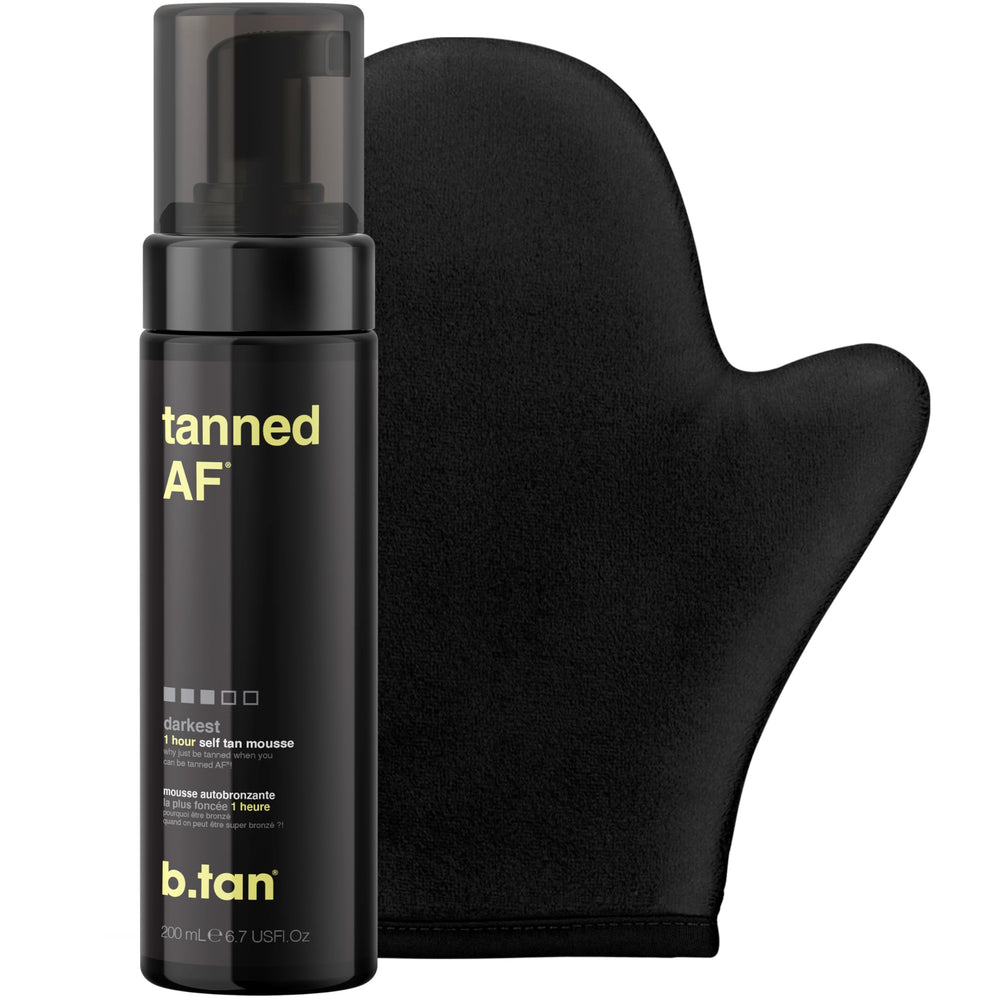 B.TAN dark self-tanner kit with mitt included for ultra-smooth application.