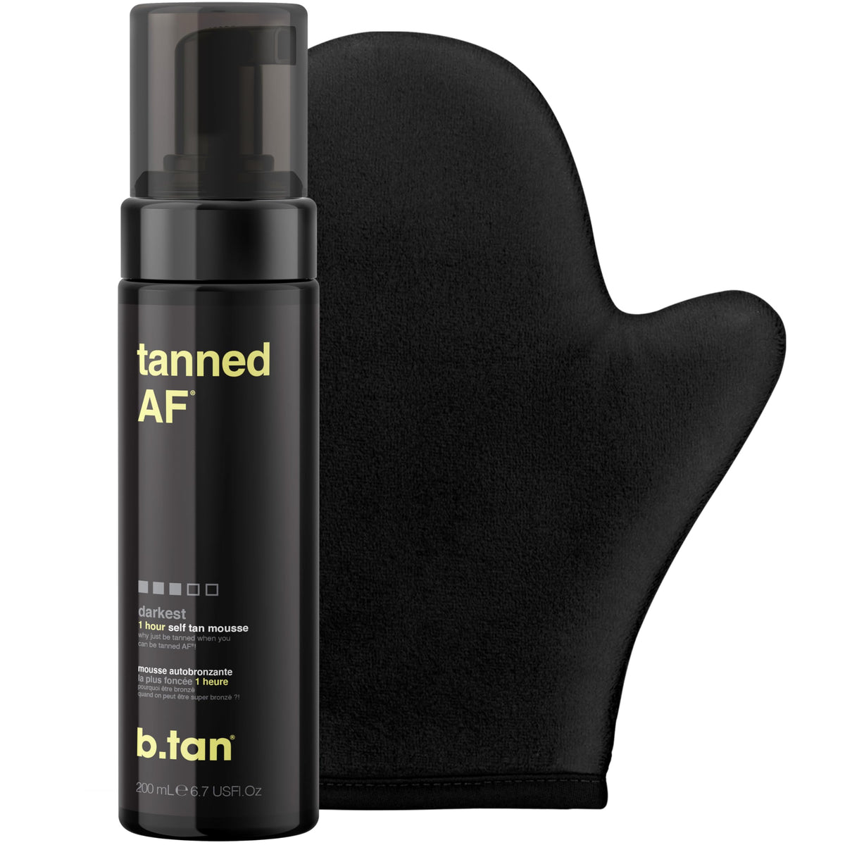 B.TAN dark self-tanner kit with mitt included for ultra-smooth application.