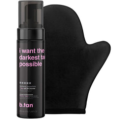 B.TAN dark self-tanner mousse bottle demonstrates quick, even color development.