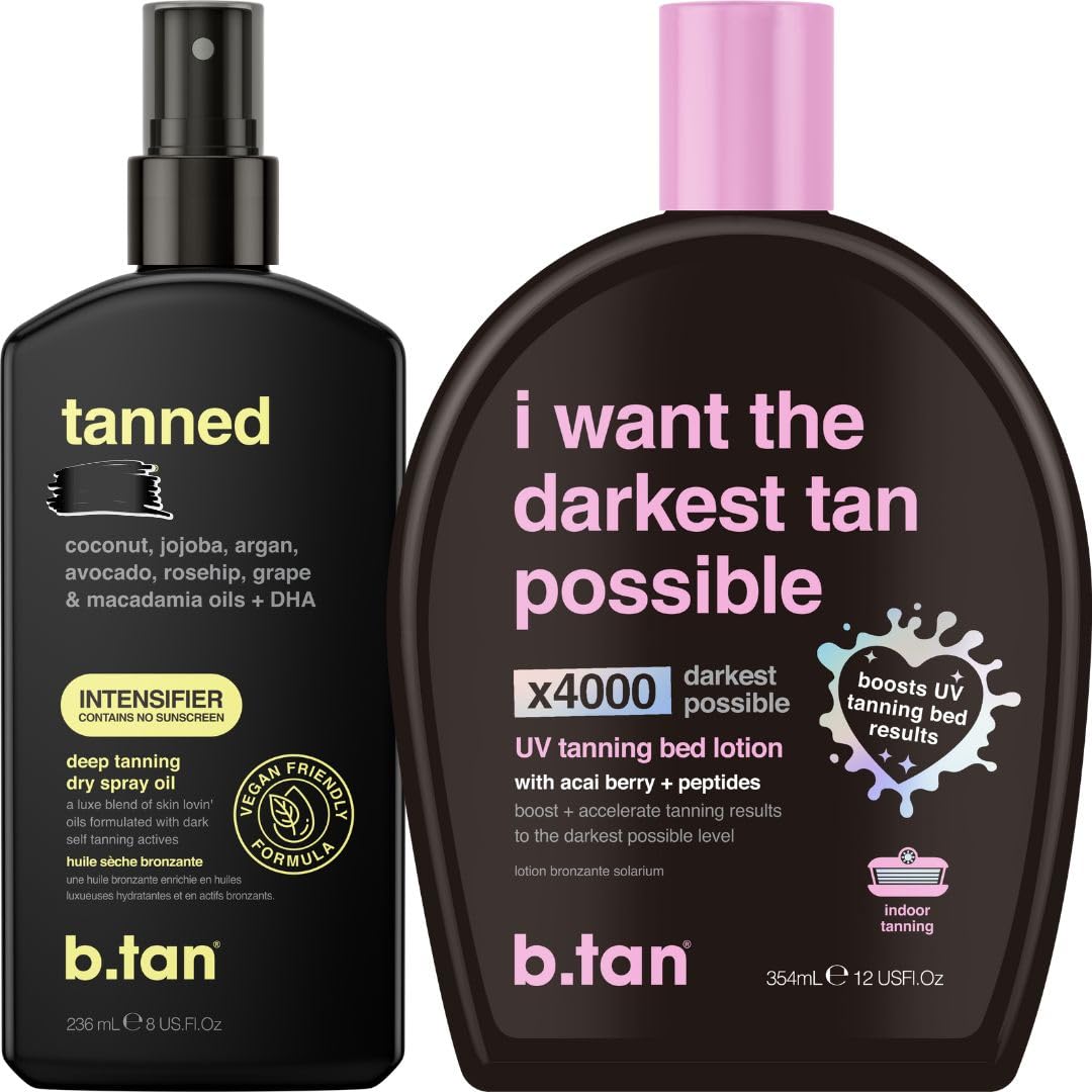 B.TAN tanning oil bottle primed for indoor tanning session with accelerated color