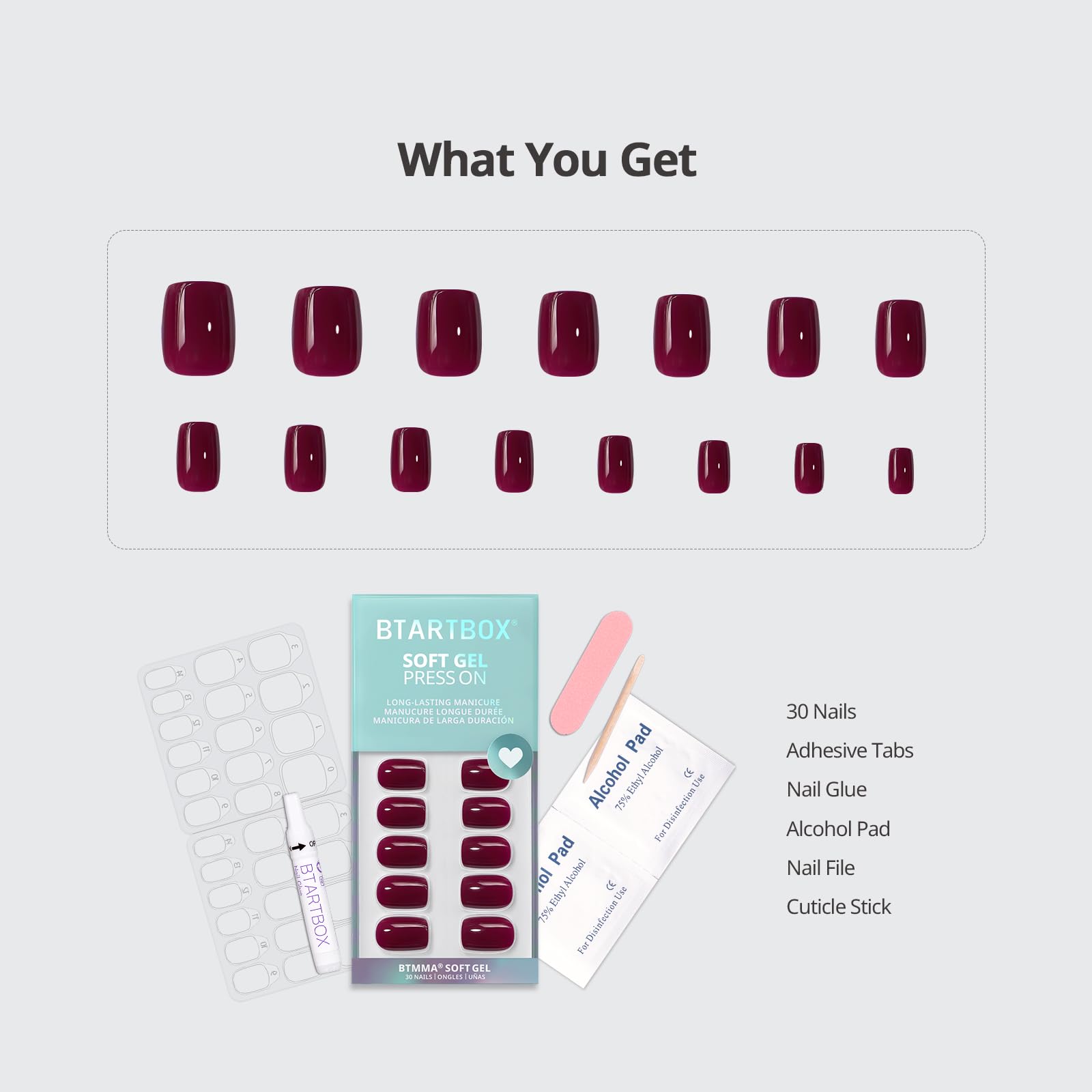 BTArtbox 30-nail kit with sizes, glue, and tabs for secure wear