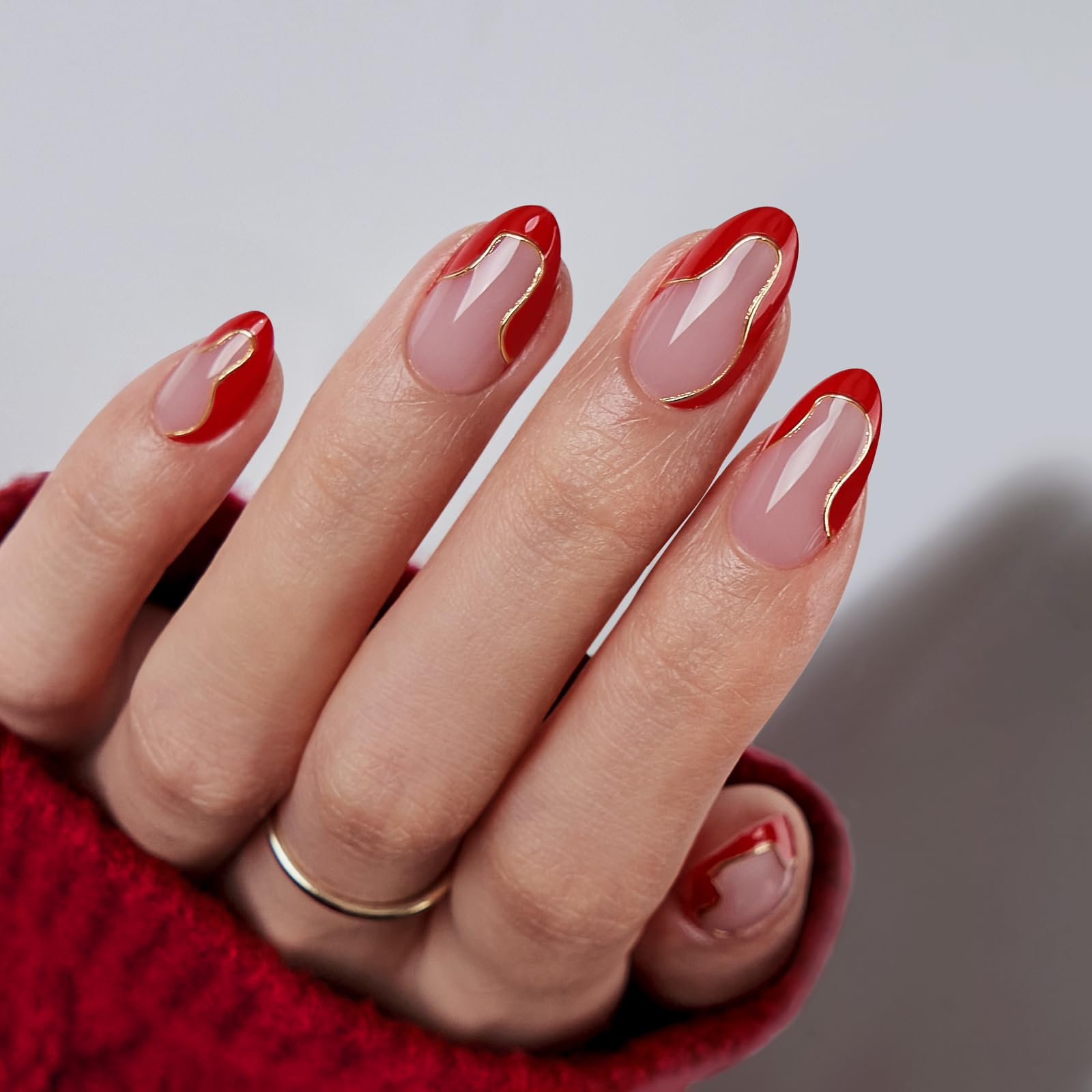 BTArtbox almond press on nails in red French tip with gold foil for quick salon-like manicure