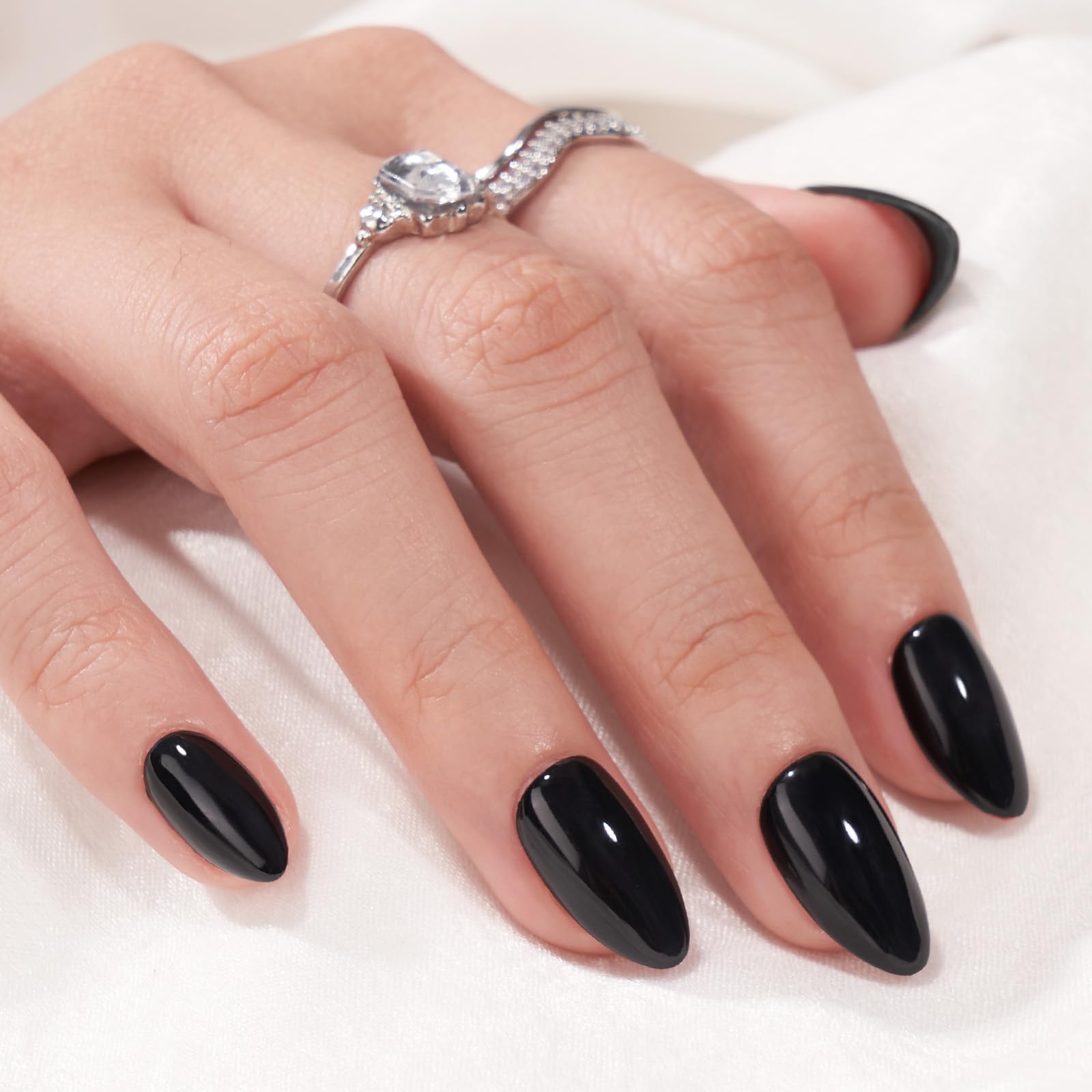 BTArtbox Black Press On Nails Almond soft gel close-up showing natural fit for everyday wear.