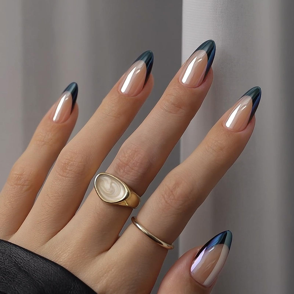 BTArtbox Black Swan French Tip close-up shows glossy almond press-ons for glam nights.