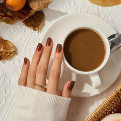 BTArtbox Bold Brew nails application with glue emphasizes quick, salon-like results at home
