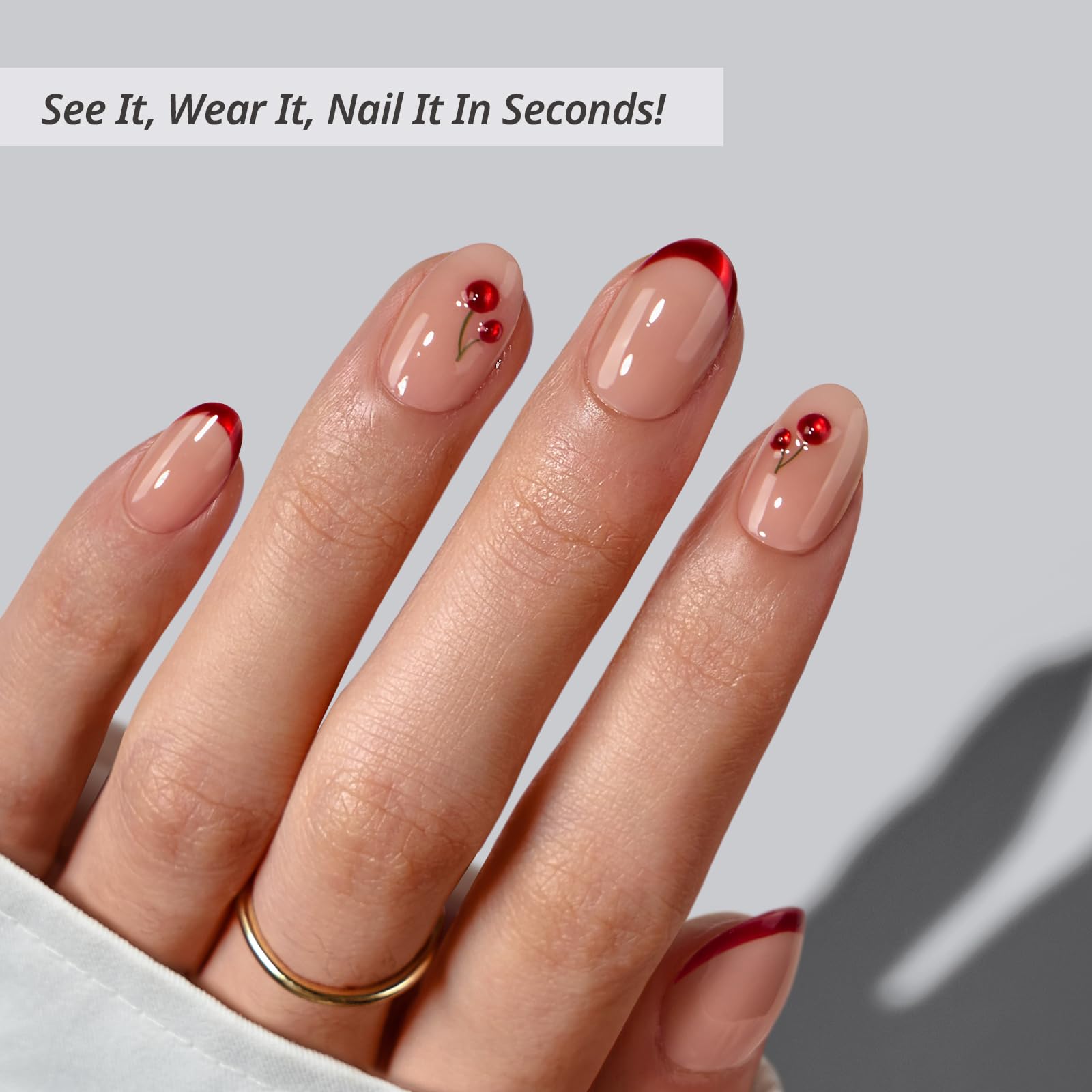 BTArtbox Cherry Charm close-up shows almond-shaped red nails with natural flexibility.