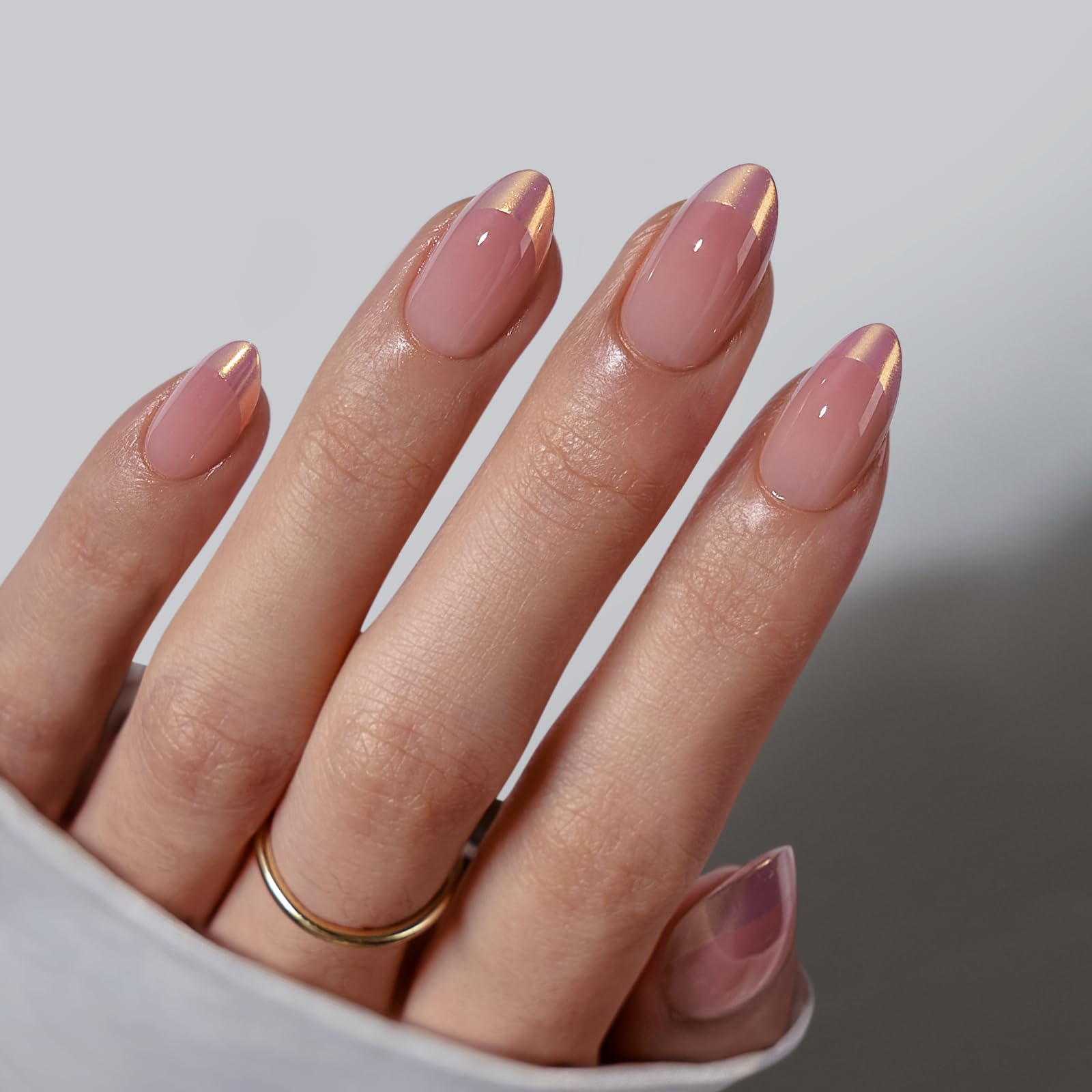BTArtbox chrome French tip almond coastal glow closeup for daily wear and style versatility.