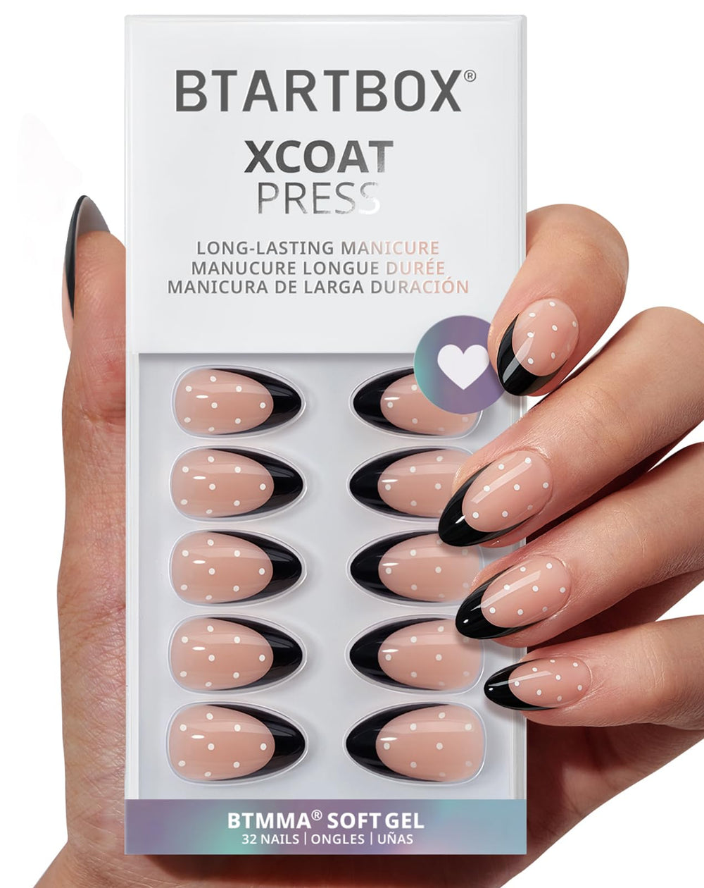 BTArtbox Dot Couture almond-black French tip close-up for natural-looking everyday wear.
