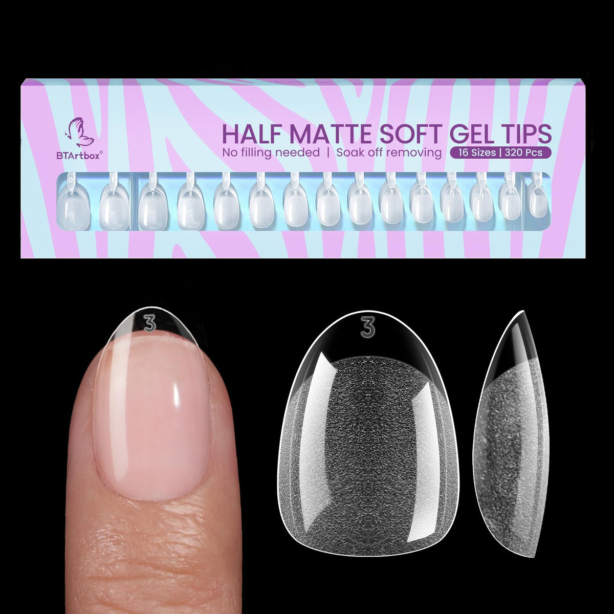 BTArtbox extra short almond nail tips pack, 320 pieces, for quick natural extensions.
