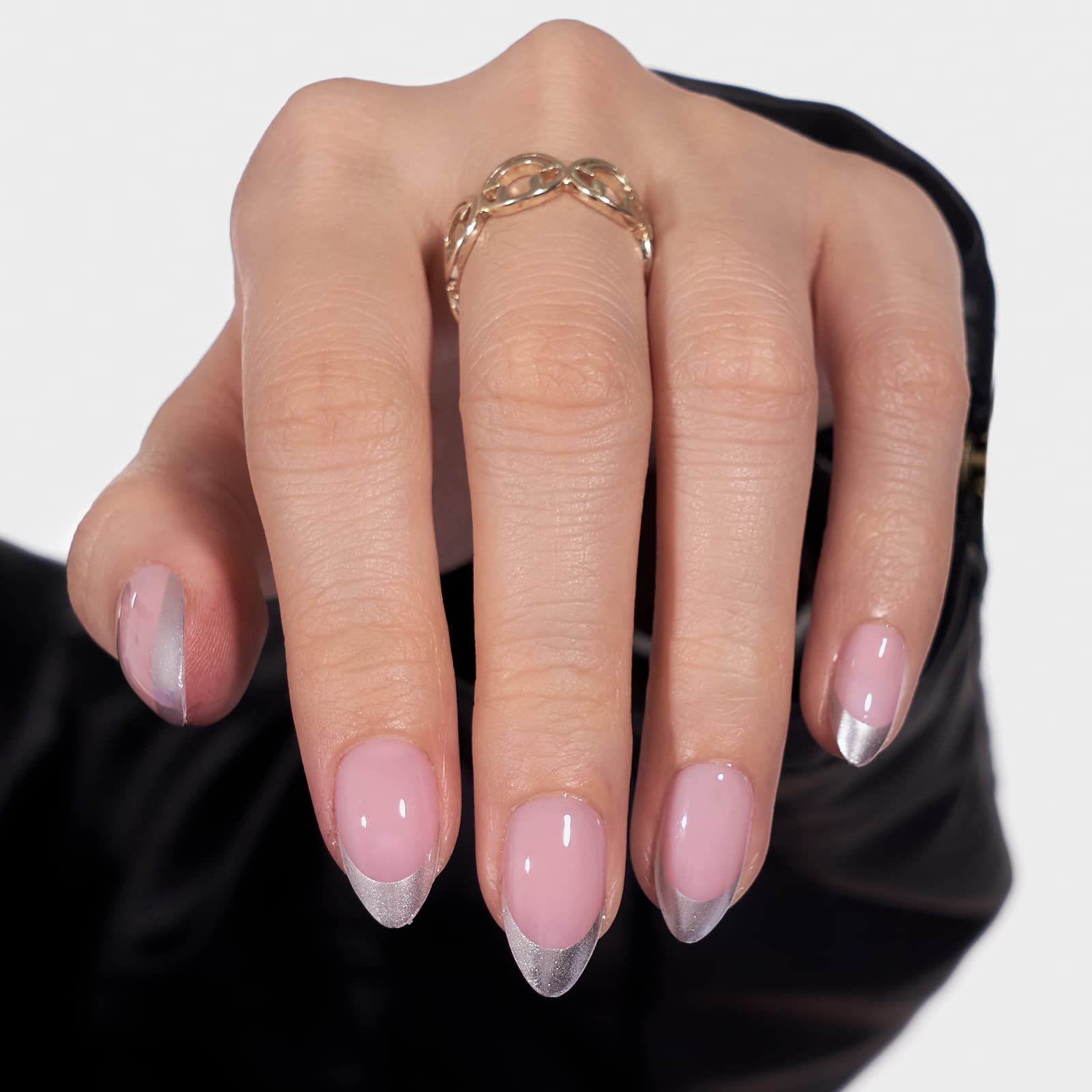 BTArtbox French Tip nails with silver outline show natural cuticle line.