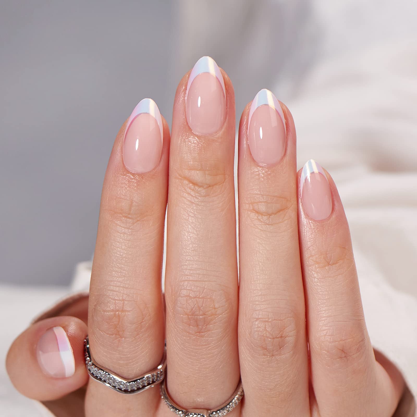 BTArtbox French Tip nails in white almond shape for a natural, salon-style manicure.