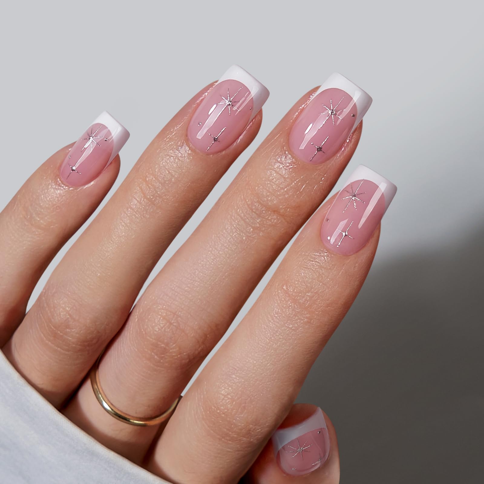 BTArtbox French Tip nails pink stars with starlit sparkle for quick stylish manicure.