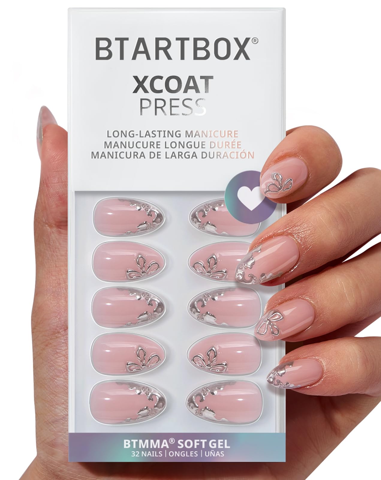 BTArtbox Frost Glam nails closeup—3D silver flower design for long-lasting wear