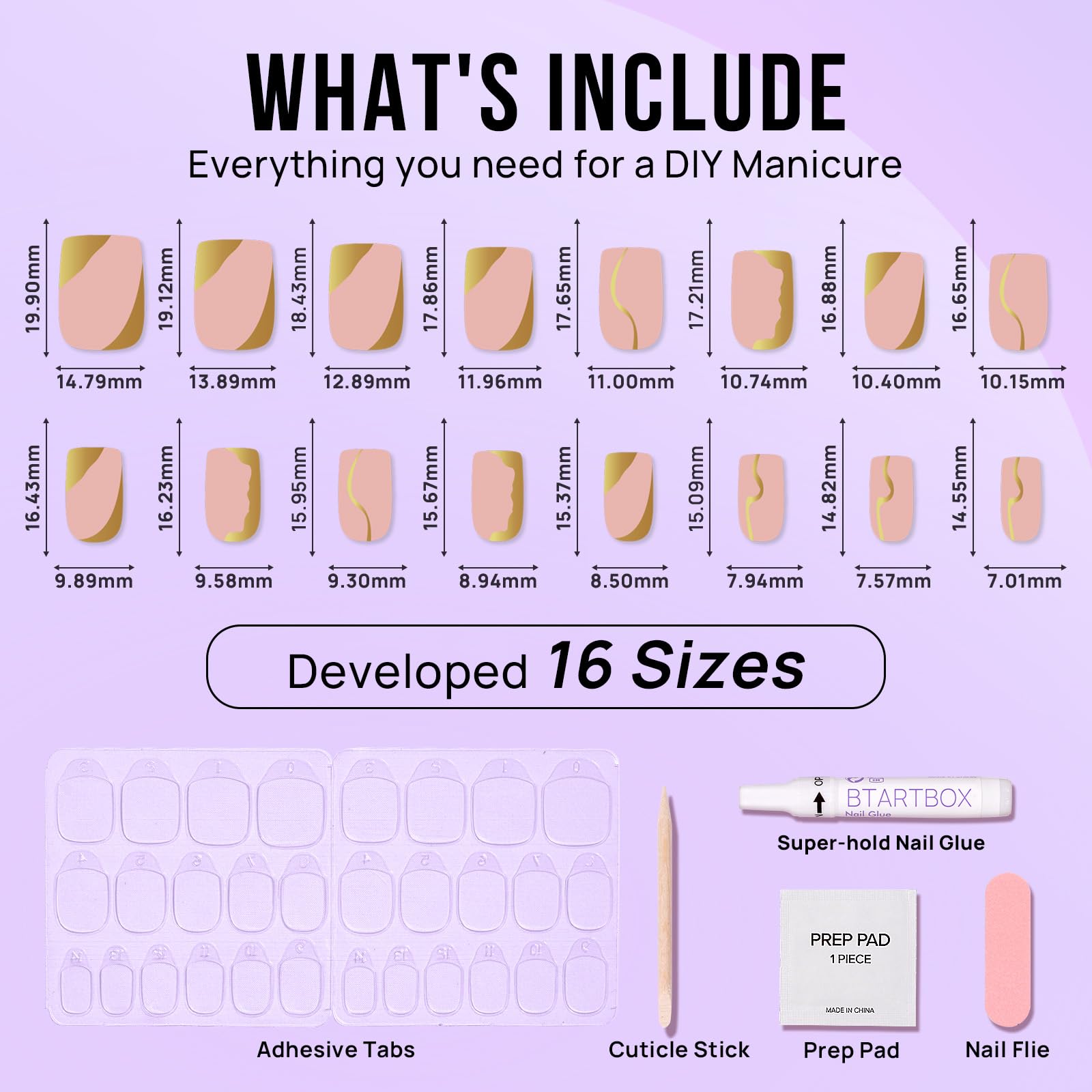 BTArtbox glue-on nails with 16 sizes ensure a custom fit and secure wear
