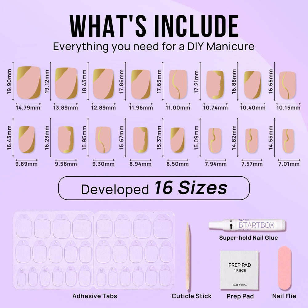BTArtbox glue-on nails with 16 sizes ensure a custom fit and secure wear
