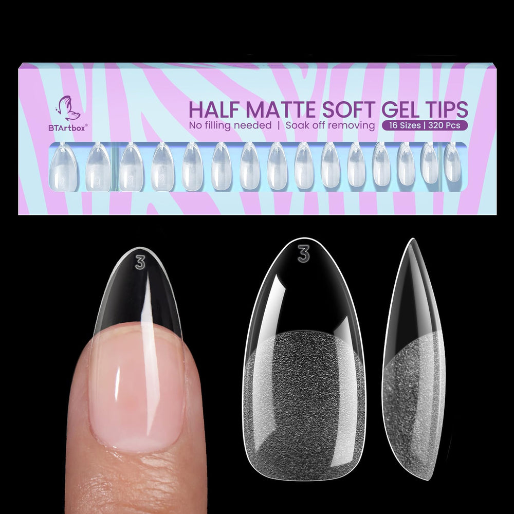 BTArtbox half-matte gel nail tips packaging showing 320-piece set for extensions