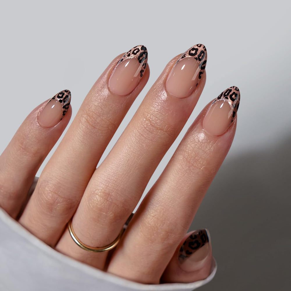BTArtbox lamp-curable leopard French tip almond nails show durable gel glue wear